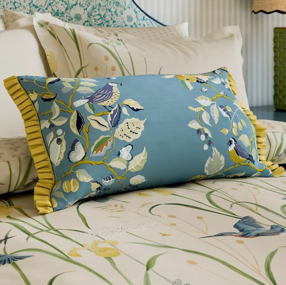 Kingfisher & Iris Cushion by Sanderson x National Trust in Azure Linen